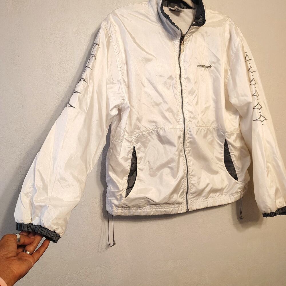 Vintage Y2K Reebok White Nylon Windbreaker Jacket Full Zip Spellout Women’s Lg